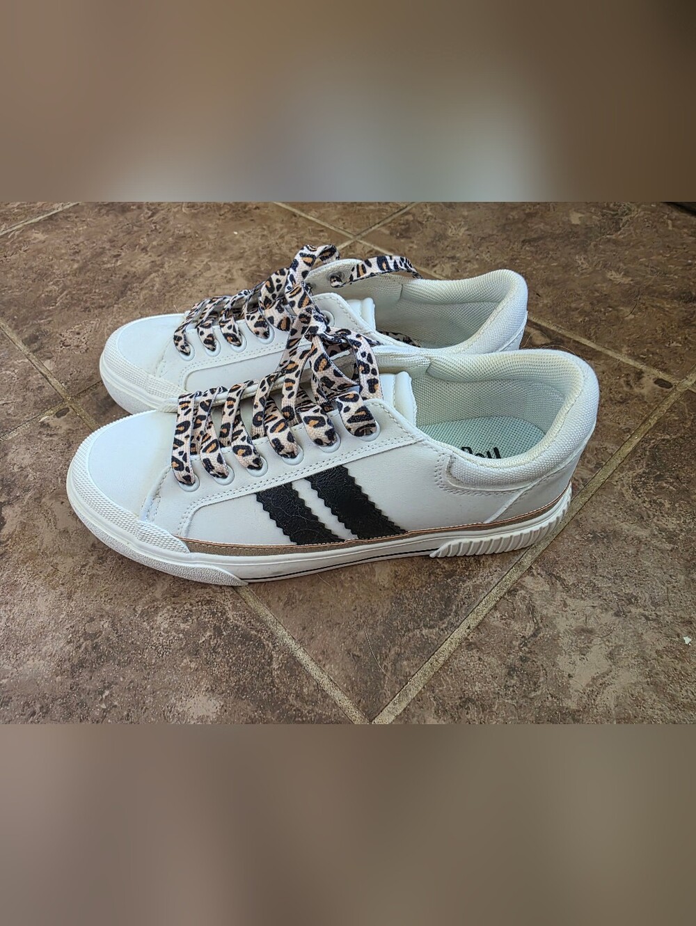 Corkys White Sneakers with Black Stripes and Leopard Laces